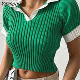 Yipinpay Block Knit Ribbed Crop Top Sexy Short T Shirt Women Pullovers New 2023 Summer Basic Tees Streetwear Patchwork Bodycon Tops