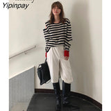 Yipinpay 2023 Winter Korean style Long Sleeve Loose Sweater Women Casual Patchwork Stripe Ladies Pullover Autumn Female Clothing