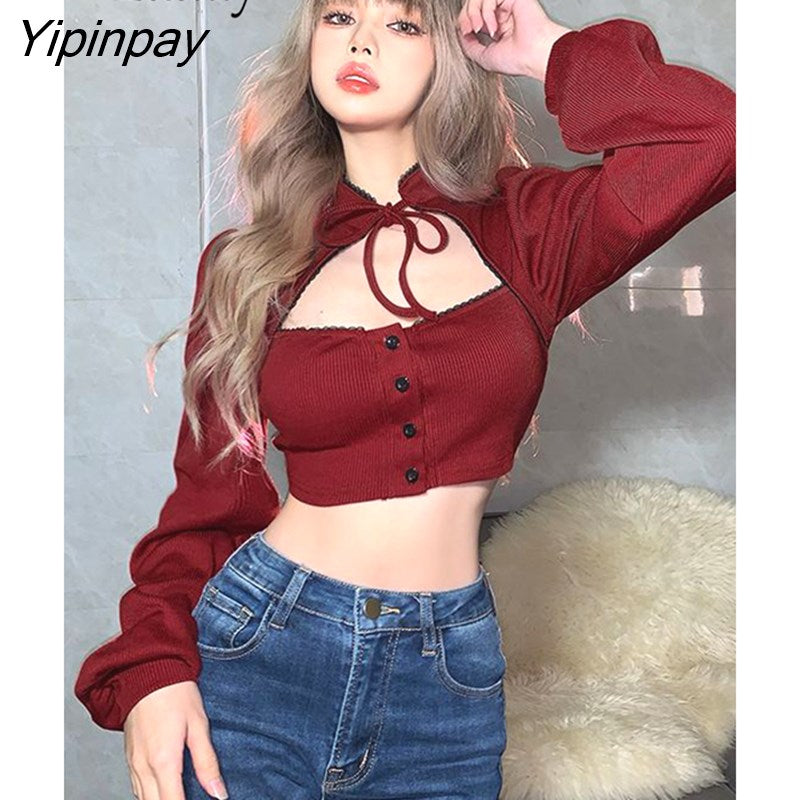 Yipinpay 2023 Spring Sweet Long Sleeve Red Shirt Women Christmas Party Lace Button Up Hollow Out Crop Tops Korean Style Blouse