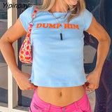 Yipinpay 2000s Aesthetics 90s Letter Print Blue Baby Tees Y2K Streetwear O-neck Short Sleeve Crop Tops Women Fashion 2023 Slim