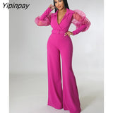 Yipinpay Solid V Neck Mesh Belt One Piece Wide Leg Pants Woman Long Sleeve Elegant Jumpsuit Playsuit Overalls Fall One Piece Outfit