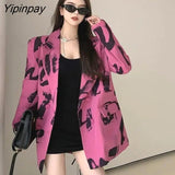 Yipinpay 2023 Autumn Streetwear Tie Dye Full Sleeve Long Blazer Women Pink Loose Ladies Suit Blazers Party Female Coat Clothing