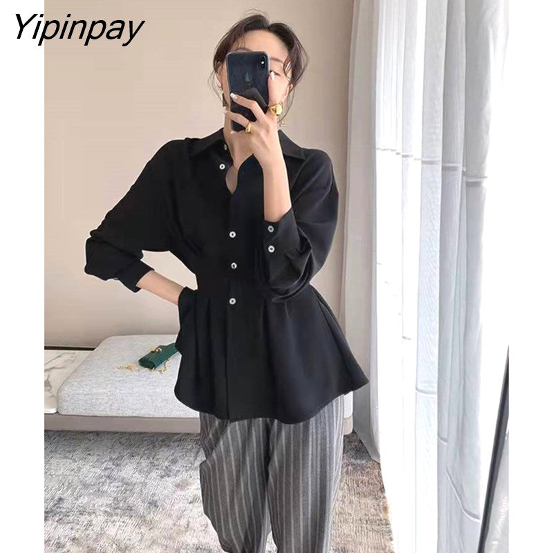 Yipinpay 2023 Autumn Korean style Long Sleeve Folds White Shirt Women Office Lady Slim Wist Button Up Tunic Blouse Female Tops