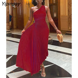 Yipinpay Hollow Out Pleated Dress Women Fashion Sleeveless Diagonal Collar A Line Dresses 2023 Summer Party Prom Evening Vestidos
