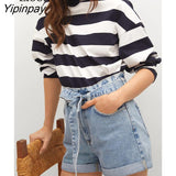 Yipinpay Cotton Curly Denim Shorts Women With Belts Pockets 2023 Summer Streetwear Blue Drawstring High Waisted Sexy Jean Shorts