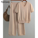 Yipinpay Two Piece Loose Set Women Slit Tops And Straight Leg Pants High Waist Streetwear 2023 Summer Knitwear Baggy Outfits Sets