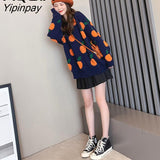 Yipinpay Winter Casual Kawaii Orange Embroidery Women's Sweaters O Neck Long Sleeve Thick Knit Sweater Women Y2K Female Pullovers
