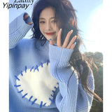 Yipinpay 2023 Winter Korean Style Long Sleeve Heart Appliques Knit Sweater Women Casual O Neck Ladies Pullover Female Clothing Top