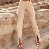 Yipinpay Sexy Stretch Slit Straight Pants Women Slacks Streetwear High Waist Skinny Trousers Light Green Khaki Casual Long Pants