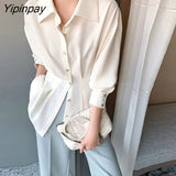 Yipinpay 2023 Autumn Korean style Long Sleeve Folds White Shirt Women Office Lady Slim Wist Button Up Tunic Blouse Female Tops