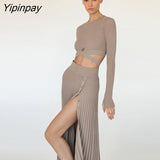 Yipinpay Knit Two Piece Bandage Skirt Set Women Sweater Crop Tops And Slit Pleated Skirts Drawstring Knitted Sweaters Outfits Sets