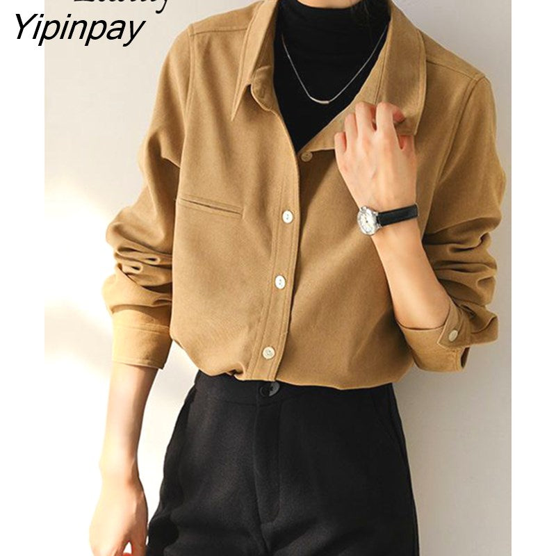 Yipinpay 2023 Winter Office Lady Long Sleeve Thick Shirt Women Korean Style Button Up Tunic Blouse Fall Work Female Clothing Tops