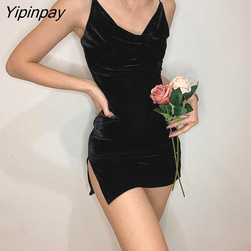 Yipinpay Beach Vintag High Quality Female Clothing Women's Dress Midi Party Sexy Sling Suede Split Graceful Solid color Sleeveless