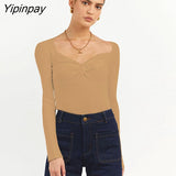 Yipinpay Knit Ribbed T Shirt Women Ruched Corset Top Autumn Long Sleeve V Neck Basic Tees Sexy Bodycon Tshirt Knitted Tops