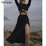 Yipinpay Knit Two Piece Bandage Skirt Set Women Sweater Crop Tops And Slit Pleated Skirts Drawstring Knitted Sweaters Outfits Sets