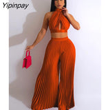 Yipinpay Women Casual Solid Pleated 2 Piece Set Sexy Halter Bra And Wide Leg Pants Suits 2023 Spring Cropped Lace Up Vest Trousers Outfit
