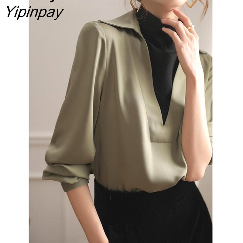 Yipinpay Spring Vintage Long Sleeve Corduroy Women Shirt Fake Two Pieces Turtleneck Thick Ladies Shirts Free Shipping Clothes Tops