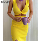 Yipinpay Women Knit Vest And Skirt Suits Female High Waist Side Split Skinny Skirts Set 2023 Summer Solid Sexy Backless Camis Outfits