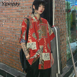 Yipinpay Style Short Sleeve Women Shirt Hip Hop Button Loose Oversize Pluse Size Print Ladies Blouse 2023 Summer Female Clothing