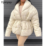 Yipinpay Women Casual Lapel Oversized Padded Jacket Long Sleeve Warm Parkas Padded Jackets 2023 Autumn Winter Fashion Lace Up Streetwear