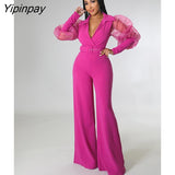 Yipinpay Solid V Neck Mesh Belt One Piece Wide Leg Pants Woman Long Sleeve Elegant Jumpsuit Playsuit Overalls Fall One Piece Outfit