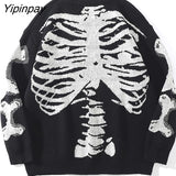 Yipinpay Men Oversized Sweater Black Loose Skeleton Bone Print Women Vintage Retro Knitted Sweater 2023 Autumn Cotton Pullover Unisex 319-1