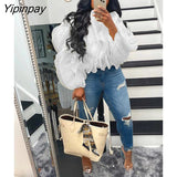 Yipinpay Women Elegant Ruffled Layered Puff Sleeve Top 2023 Summer Female Solid Petal Chiffon Long Sleeve Cropped Blouse Streetwear