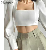 Yipinpay 2023 Autumn Puff Long Sleeve White Blouse Women Sexy Square Collar Backless Ladies Crop Tops Shirt Party Female Clothing