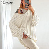 Yipinpay Women Ripped Knit Baggy Sweater Pullovers Long Sleeve Tops Female Jumper V Neck Autumn Winter Streetwear Knitted Sweaters