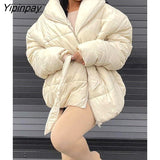Yipinpay Women Casual Lapel Oversized Padded Jacket Long Sleeve Warm Parkas Padded Jackets 2023 Autumn Winter Fashion Lace Up Streetwear