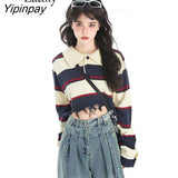 Yipinpay 2023 Winter Y2K Frayed Striped Polo Sweaters Women Sexy Turn Down Collar Long Sleeve Ladies Crop Tops Pullovers Clothing