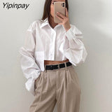 Yipinpay 2023 Spring Streetwear Long Sleeve White Shirt Women Y2K Loose Pocket Button Up Crop Tops Blouse Korean Style Clothing