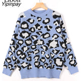 Yipinpay Leopard Print Knit Sweater Female Jumpers Warm Tops Pull Femme Streetwear Blue Khaki Knitted Sweaters For Women Pullovers
