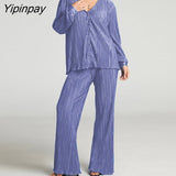 Yipinpay Pleated Printed Suit Women Long Sleeve V Neck Blouse And High Waist Pants Two Piece Sets Female Elegant Trousers Outfits