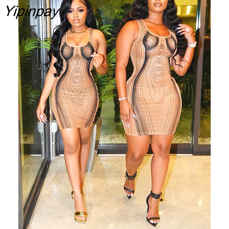 Yipinpay Women Fashion 3D Printing Backless Dress Female Sexy U Neck Sleeveless Pencil Dresses 2023 Elegant Chic Party Club Silm Gown