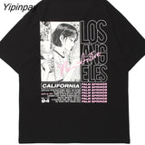 Yipinpay T-Shirt Streetwear Hip Hop Anime Girl Smoking Letter Print Harajuku Cotton Summer Short Sleeve Tops Tees Goth Clothing