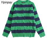 Yipinpay Winter Korean style Letter Embroidery Women's Sweater Loose Striped Long Sleeve Warm Knit Pullover Casual Female Clothing