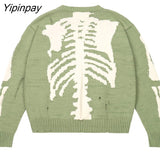 Yipinpay Men Sweater Green Loose Skeleton Bone Printing Woman High Quality High Street Damage Hole Vintage 1:1 Knitted Sweater