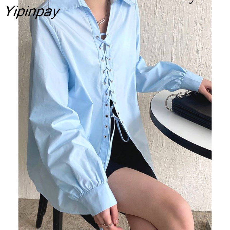 Yipinpay 2023 Autumn Streetwear Long Sleeve Bandage Blue Cotton Shirt Women Y2K Sexy Ladies Blouse Fashion Female Clothing Tops