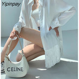 Yipinpay 2023 Autumn Long Sleeve Tassel Chiffon White Shirt Women Street Style Button Stripe Blouse Casual Female Clothing Tops