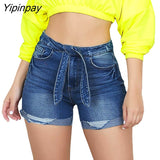 Yipinpay Sexy Denim Shorts Women 2023 Mid Waisted Lace Up With Button Zipper Pockets Female Autumn Washed Distressed Slim Jeans