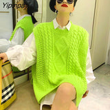 Yipinpay Loose Fluorescent Green Women Sweaters Korea Oversize Knit Woman Sweater Vest 2023 Winter Plus Size Pullover Clothing
