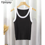 Yipinpay Knit Short Vest Women Bodycon Crop Top Summer New Color Block Ribbed Tank Black White Basic Knitting Tees Sexy Tops