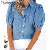 Yipinpay Lantern Sleeve Denim Shirt Women Button Up Cardigan Top With Pockets Streetwear Turndown Collar Sexy Tops And Blouses