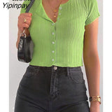 Yipinpay Knitted Ribbed Crop Tops For Women T Shirts Summer 2023 Streetwear Button Up Black Green Tees Sexy Bodycon Short Tops