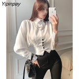 Yipinpay French Style Long Batwing Sleeve Women White Shirt Elegant Necklace Button Slim Ladies Blouse 2023 Summer Female Crop Top