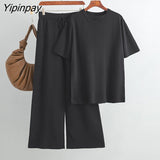 Yipinpay Piece Loose Knit Set Women Baggy Slit Tops And Wide Leg Pants High Waist Streetwear Summer 2023 Knitwear Outfits Black Sets