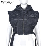 Yipinpay Women Sleeveless Jean Lace Up Vest Coat Female Zipper Fashion Designed Hoodies Streetwear Thickening Outwear Crop Top