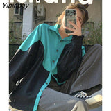 Yipinpay 2023 Summer Streetwear Oversize Patwork Long Sleeve Shirt Women Y2K Button Up Loose Ladies Shirts Tops Drop Shipping