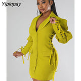 Yipinpay Vintage Lace Up Puff Sleeve Female Mini Dress V Neck Single Breasted Bodycon Dresses Sexy Pockets Sexy Suit Fabric Robe